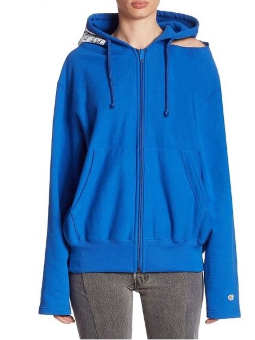 Vetements x Champion Electric Blue Hooded Zip Jacket with Cutout Shoulder